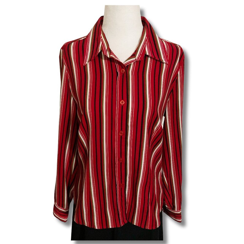 DENVER HAYES Red black white gold vertical striped shirt ~ SMALL MEDIUM blouse